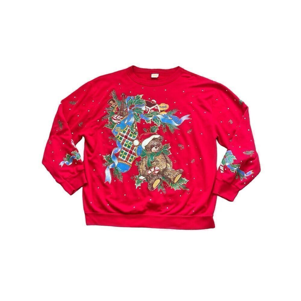 Vintage‎ 90s red Christmas teddy bear Christmas tree sweatshirt